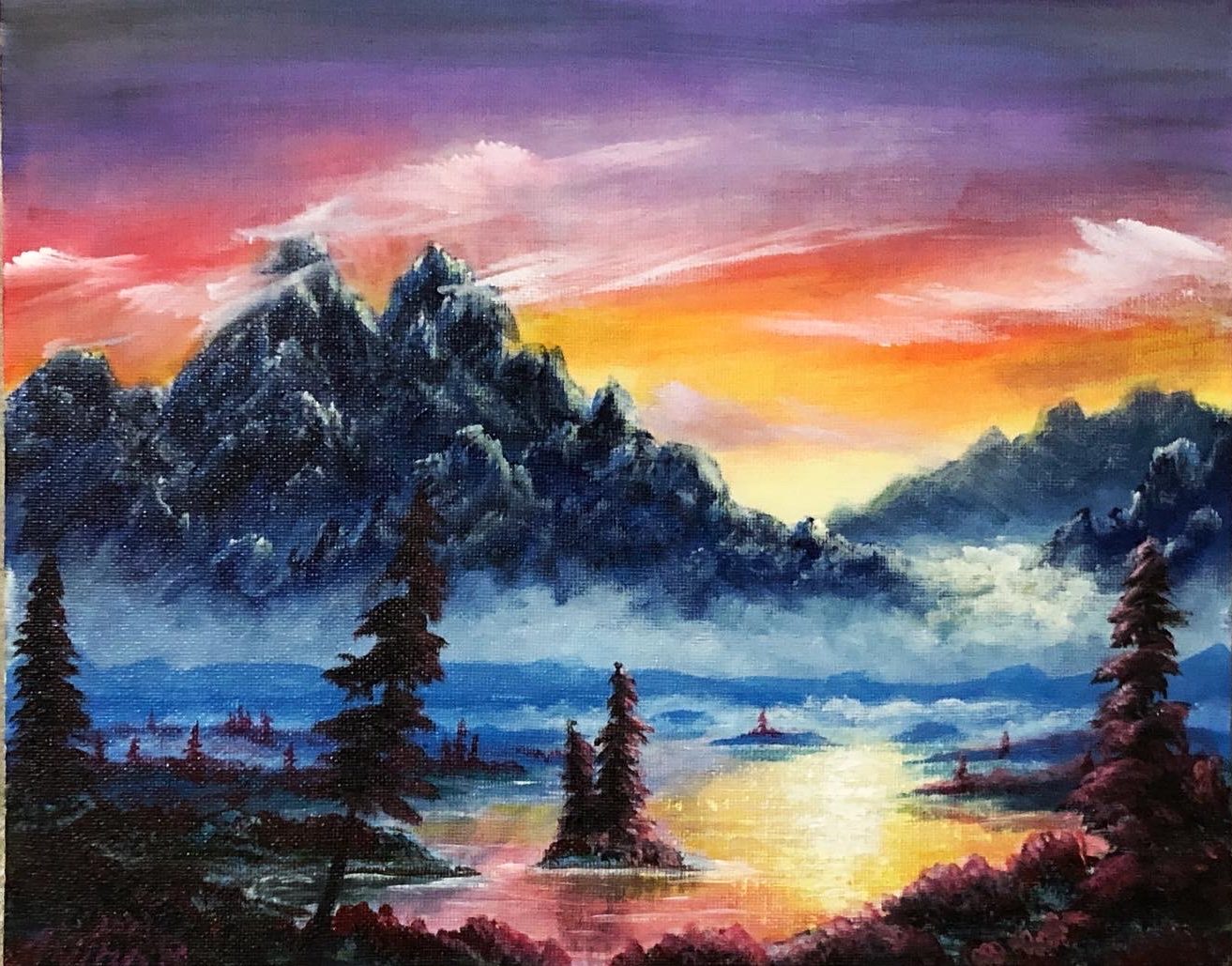 Acrylic painting of mountains and lake.